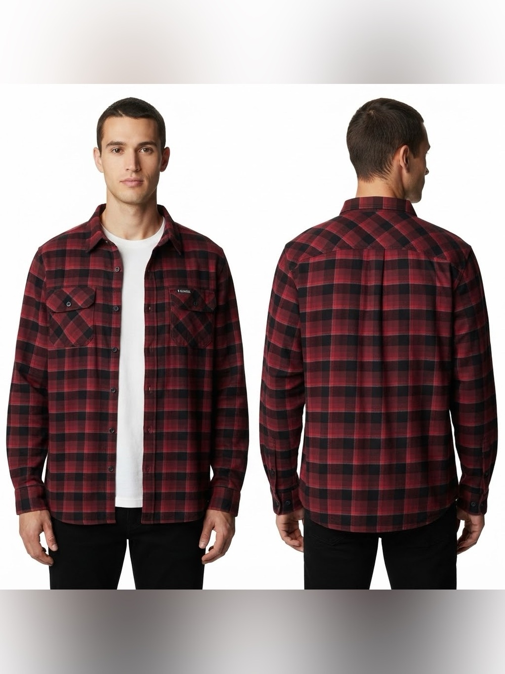 Columbia Men's Red and Black Plaid Button-Down Shirt